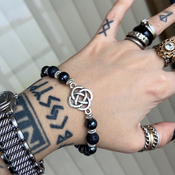 Silver Celtic knot lava rock & hematite bracelet - Picture 3 of 14